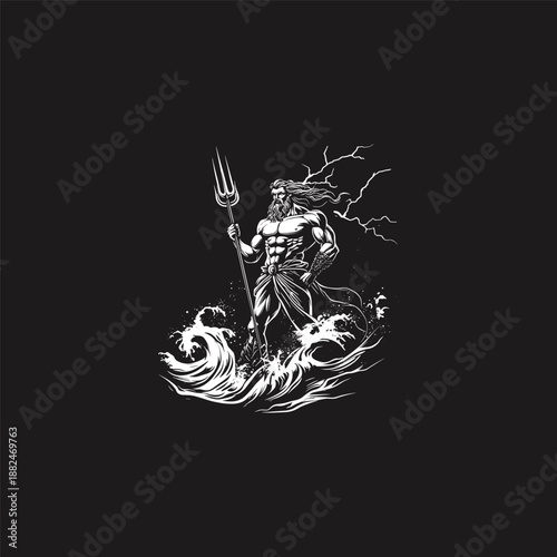 Ancient Greek God Poseidon holding trident standing on ocean waves engraving style illustration
