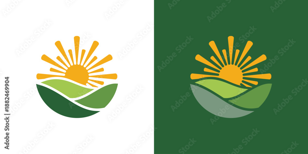 Fototapeta premium Dual meaning logo combining sun and landscape elements, symbolizing nature, balance, harmony, growth, and a bright, sustainable environment.