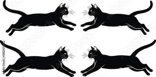 Black cat silhouette set with mirrored jumping poses, elegant feline motion concept, animal movement symmetry and minimal vector illustration