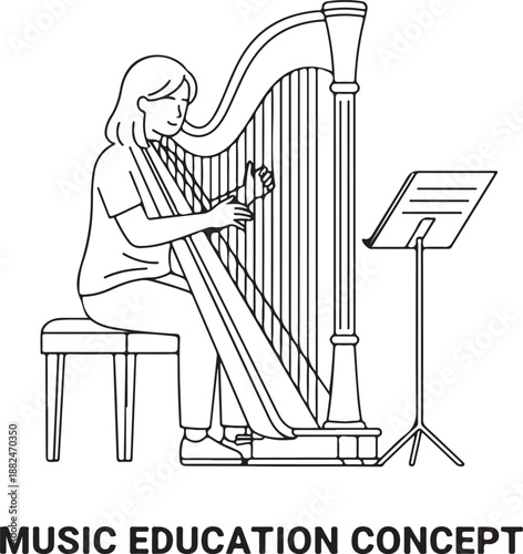 Woman playing classical harp, line art illustration for music education, lessons, or performance. A female musician practices a string instrument with a music stand