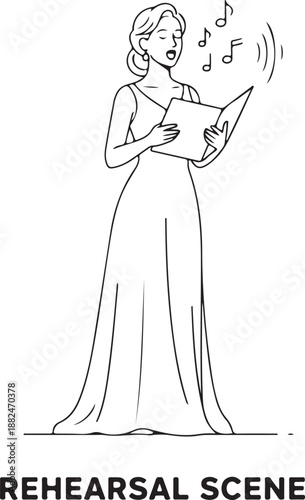 Line art illustration of an elegant female singer or soprano practicing a song, holding sheet music during a vocal rehearsal or performance practice