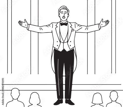 Line Art Illustration of a Male Opera Singer, Classical Performer, or Conductor in Tuxedo on Stage, Delivering a Vocal Performance for an Audience