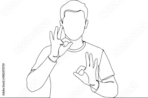 One continuous line art drawing of a man making double OK gestures, symbolizing approval, agreement, or excellence. A minimalist vector illustration of hands showing 'all right' or 'perfect' signs.