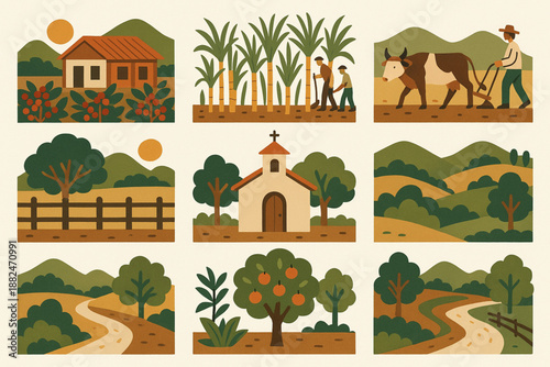 Costa Rica Rural Life Icon Grid with Traditional Farms and Flat Vector Style