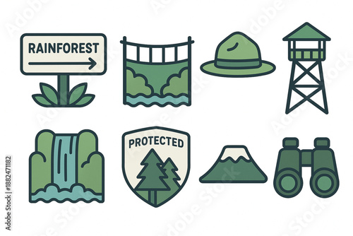 Costa Rica National Parks Icon Collection with Eco-Tourism Symbols and Flat Vector Style