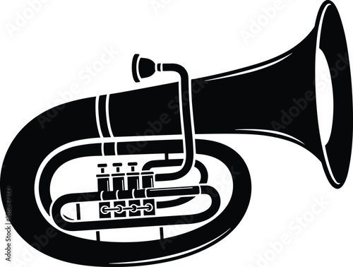 Silhouette illustration of brass tuba musical instrument, classic orchestra and marching band sound concept, traditional wind music equipment, black vector design