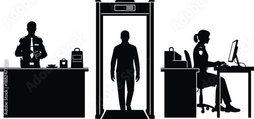 Silhouette of airport security checkpoint with passenger screening, metal detector gate, baggage inspection and office staff, travel safety control concept, minimal black vector illustration
