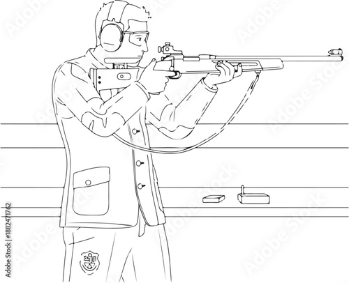 Line art illustration of a competitive sport shooter aiming a rifle, depicting an athlete with ear protection and safety glasses at a shooting range, showcasing marksmanship and precision.