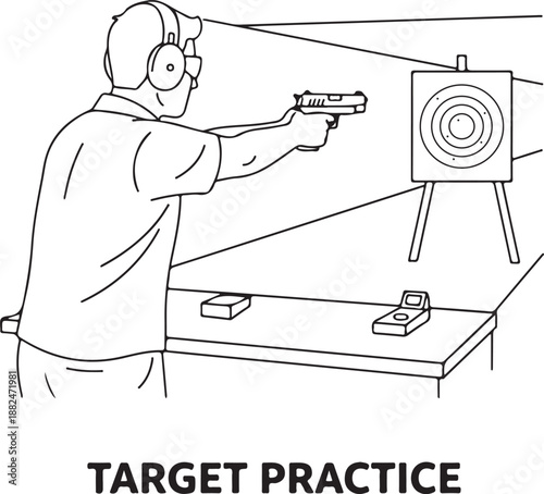 Target Practice with a Pistol at a Shooting Range - Line Art Illustration of Sport Training.