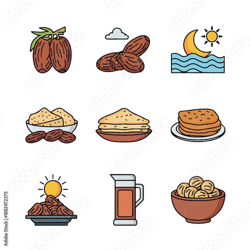 Assorted Breakfast Food Items and Drinks.