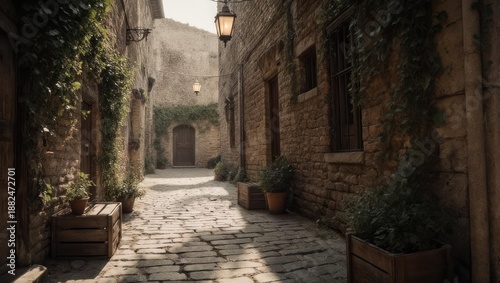 Sunlight-drenched, ancient alleyway with stone walls, creeping plants, and aged stone paving