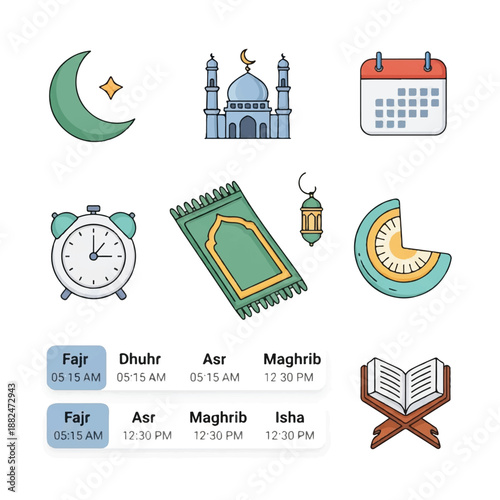 Islamic Symbols and Prayer Times Illustration Set.