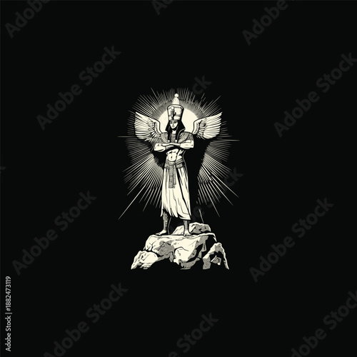 Ancient Egyptian winged god standing on rock with sun halo engraving illustration on black background.