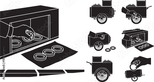 Black and white illustration of motorcycle parts and tools