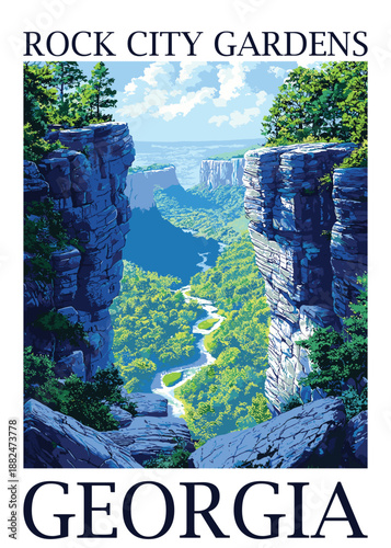 Breathtaking vector illustration of Rock City Gardens, Georgia, showcasing a dramatic gorge with a winding river, lush forests, and towering rock cliffs under a bright sky.