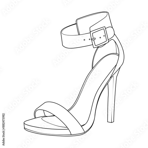 Side view outline of a women's high heel sandal with ankle strap and buckle. Vector line art of elegant summer fashion footwear isolated on white background.