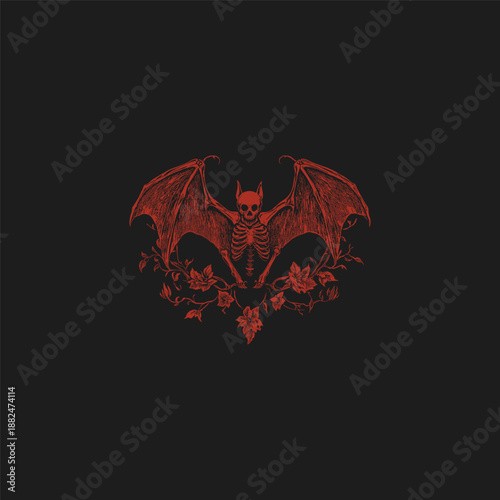 Gothic winged human skeleton with bat wings and floral elements engraving illustration.