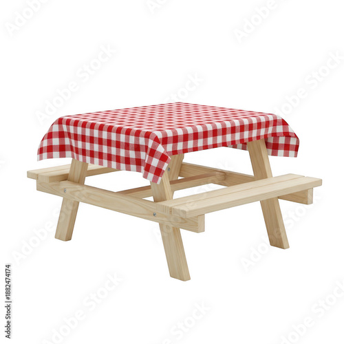 Wooden picnic table with red checkered tablecloth isolated on transparent background
