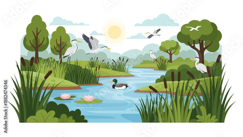 Duck Swimming in Serene Pond Surroundings.