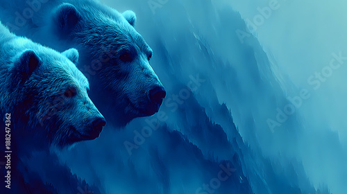 Two bears emerge from the misty blue wilderness a captivating wildlife scene.