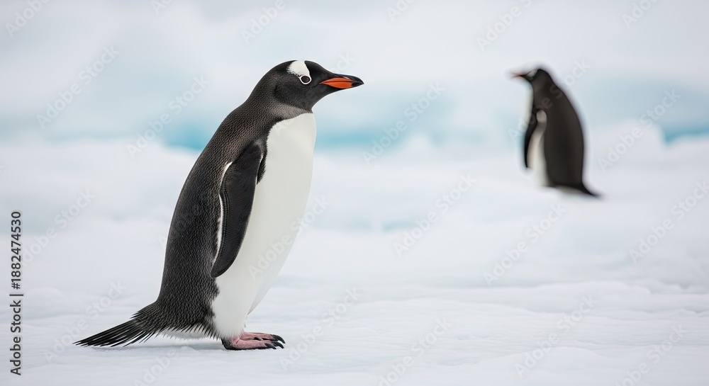 Obraz premium Two penguins standing on ice with one looking at the other.