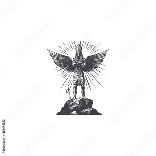 Ancient Egyptian winged god standing on rock with sun halo engraving illustration on black background.