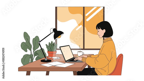 Woman Working on Laptop at Desk.