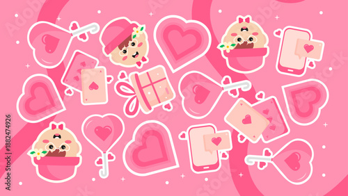 Playful pattern featuring pink girl characters mobile phones hearts and playing cards on a pink background