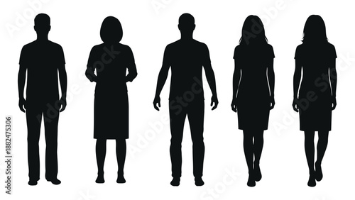 Silhouettes of five individuals isolated on white background, Vector