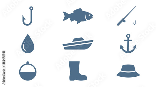Gone fishing vector icon set in flat blue silhouette style featuring marine equipment symbols like boat, hook, anchor, water drop, and rubber boot for minimalist logo branding.