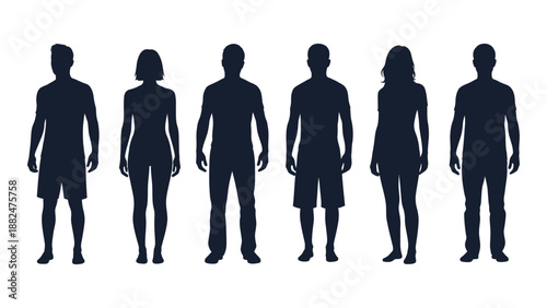 Silhouettes of six individuals isolated on white background, Vector