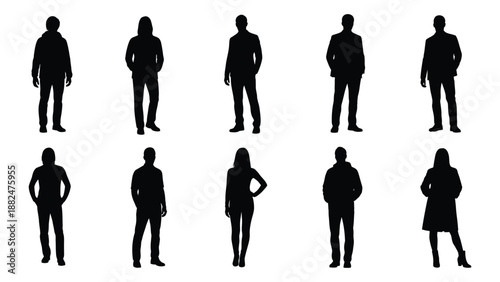 Silhouettes of people in various poses isolated on white background, Vector
