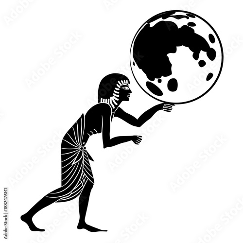 Ancient Egyptian man holding full moon. Fantastic mythological design. Black and white silhouette.