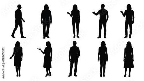 Silhouettes of people in various poses isolated on white background, Vector