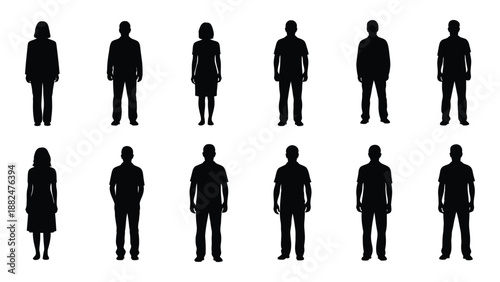 Silhouettes of various individuals isolated on white background, Vector