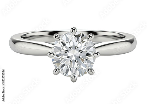A white gold solitaire ring with a round diamond on a png transparent