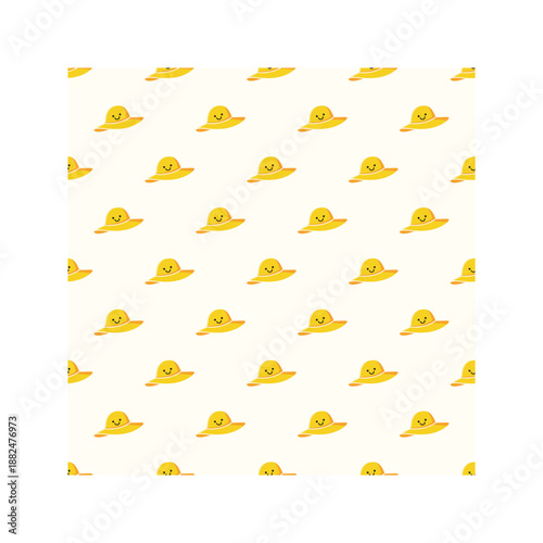 Seamless Pattern with Cute Smiling Yellow Sun Hats on Cream