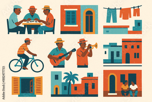 Cuban Street Life Icon Set Flat Vector Illustration