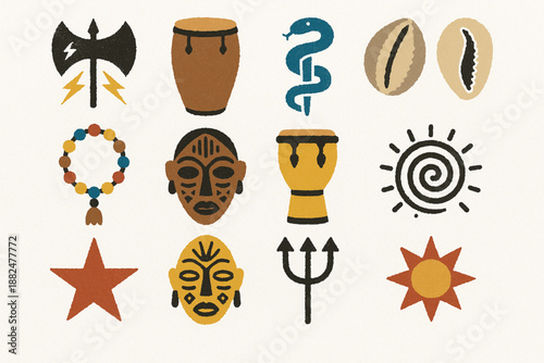 Afro Cuban Culture Spiritual Icon Set Vector Illustration