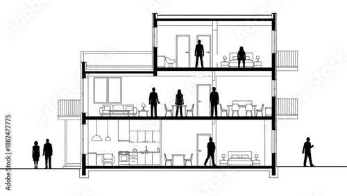 Comprehensive architectural cross-section showcasing multi-story residential building interiors with human figures