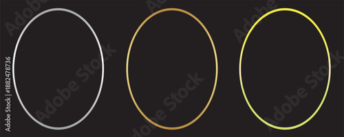 Silver, golden and rose gold thin oval frames. Art deco shiny ellipse borders set. Thin line glowing grey, yellow and pink boarder element collection, birthday decor. Vector. Eps10