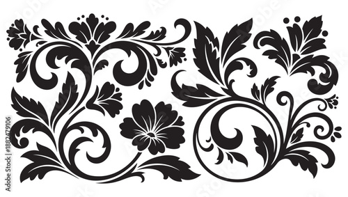 Vintage Floral Decorative Elements Set - Elegant Black Damask Ornaments and Filigree Swirls for Wedding and Luxury Branding.