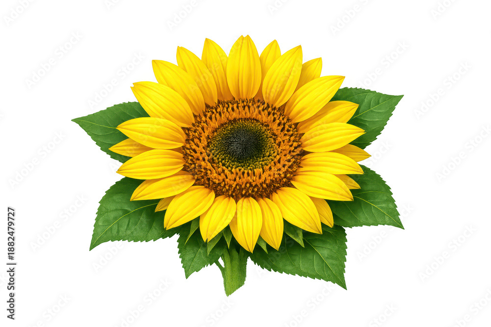 Obraz premium Sunflower with green leaves isolated on a transparent background, symbolizing summer, nature, and growth