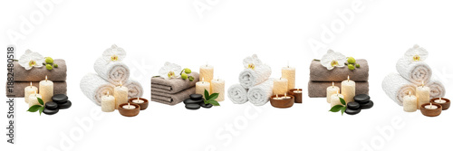 Photography Collection of spa therapy sets with towels, candles, orchids and stones isolate