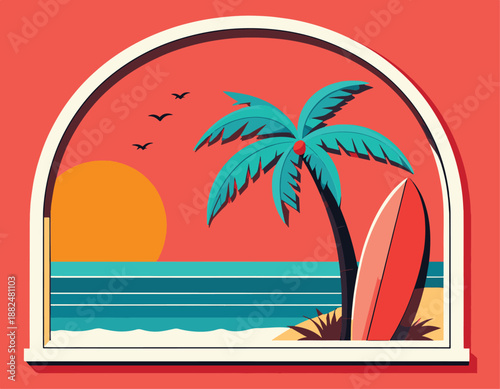 A stylized retro summer beach scene, framed through an archway, showcasing a vibrant sunset, palm tree, and surfboard by the ocean waves, perfect for a vintage-inspired poster design