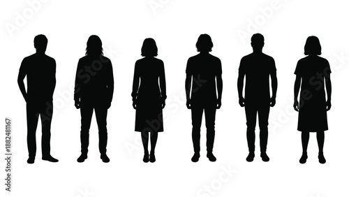 Silhouettes of six individuals isolated on white background, Vector