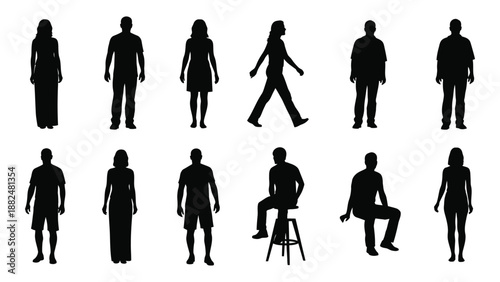 Various silhouettes of people in different poses isolated on white background, Vector