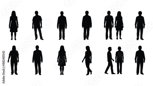 Silhouettes of people in various poses isolated on white background, Vector