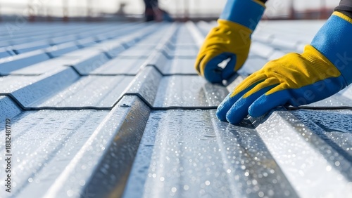 Worker installing metal roof panels, construction and renovation concept for industry, craftsmanship, safety and professional building services