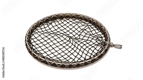 A metal fishing net with a handle on a white background for outdoor 38 activities